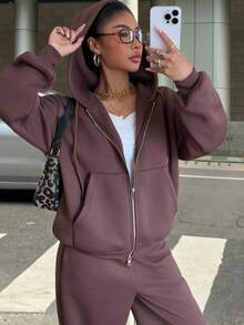 SHEIN EZwear 2PCS Brown Sweatshirt Set Hooded Double Zipper Sweatshirt And Sweatpants Casual Sports Suit Zipper Hoodie Women's Winter Clothing - Brown - View 3