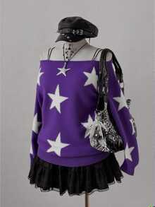 Sunspun 大码女式 Y2K 街头风格五角星提花宽松船领蝙蝠袖舒适针织套头衫，适合秋冬季和返校季 - 紫色 - 查看 3