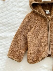 LMoss Kids LMoss 女婴 3D 耳朵设计连帽泰迪熊外套和裤子套装，毛绒面料，保暖舒适，适合秋冬季节穿着，婴儿泰迪熊套装，秋冬季婴儿套装，婴儿熊外套 - 卡其色 - 查看 4