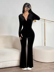 SHEIN PETITE 休閒極簡純色天鵝絨修身連身褲，適合秋冬季，小個女款 - 黑色 - 查看 6