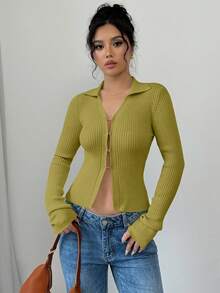 Selianne 女式纯色翻领长袖修身针织开衫，秋冬 - 綠色 - 查看 6