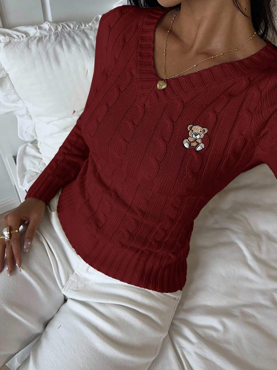 SHEIN EZwear 女士休闲通勤刺绣图案粗针织修身毛衣，秋冬 - 酒紅色 - 查看 1