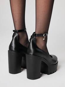 ROMWE Goth 女士闭趾交叉绑带玛丽珍鞋，朋克哥特风厚底厚跟搭扣JK制服鞋，圣诞节防水正式工作高跟鞋 - 黑色 - 查看 5