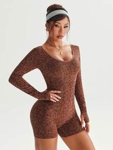 Dewbera 女式豹纹露背长袖无缝运动连体裤 - 棕色 - 查看 6