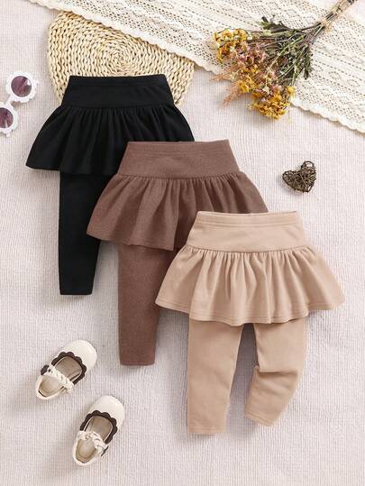 SHEIN 3pcs/Set Babygirl Cute Versatile Knitted Elastic Solid Color Ruffle Waist Pants, Autumn/Winter