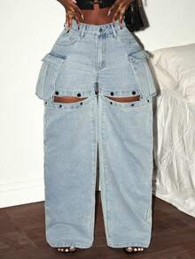 Slaydiva Plus Size Denim 2-In-1 Detachable Wide-Leg Pants,Fall Clothes For Women - Blue - View 5