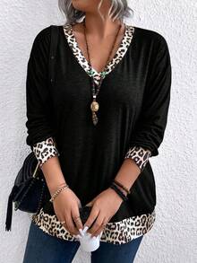 Áo thun cổ chữ V tay dài in họa tiết da báo cỡ lớn, dáng rộng, dáng rộng, in hình báo đốm, dành cho nữ mùa xuân - màu đen - Xem 3