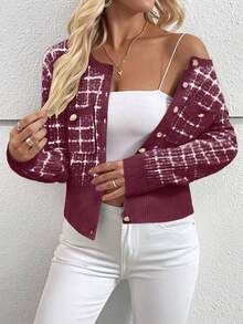 EMERY ROSE Elegant Plaid Front Button Round Neck Cardigan, Autumn/Winter, Christmas - Burgundy - View 6