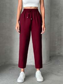 EURMUSE Petite Pants With Drawstring, Slanted Pockets - Burgundy - View 5