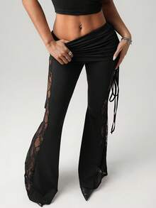 SHEIN ICON Plus Size Women's Black Lace Side Splice Vacation Sexy Waist Drawstring Flare Pants - Black - View 1