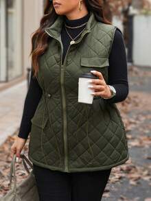 Calvaya Damen Cargo Weste mit Kordelzug Taille und Taschen in Große Größen, Steppweste, Winterkleidung Herbstkleidung, für Weihnachten - Armeegrün - Übersicht 6