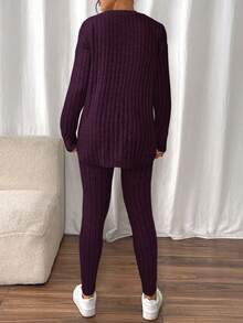 SHEIN Frenchy 落肩罗纹针织T恤和紧身裤纹理面料两件套 - 中紫紅色 - 查看 2