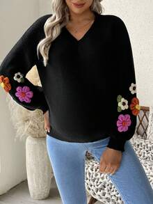 SHEIN Pregnant Women's Fashion Casual 3D Floral V-Neck Long Sleeve Sweater - Black - View 4