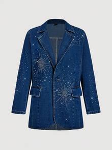 Selenza 女士时尚水钻装饰翻领翻盖细节牛仔夹克 - 藍色 - 查看 3