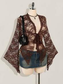 SHEIN ICON Cardigan à manches longues en dentelle bordeaux transparent, style sexy, twist devant, convenant aux femmes de grande taille, style western, country, concert, boho, hippie, goth. Idéal pour Halloween - Tabac - Voir 8