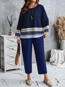 EMERY ROSE 大码女式条纹圆领长袖衬衫和裤子宽松休闲两件套 - 彩色 - 查看 5