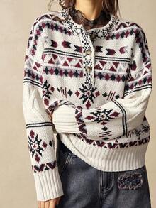 Bohemela 波西米亚风秋冬外套，女士复古风费尔岛图案圆领半开襟针织长袖毛衣，西部乡村风格，适合音乐会、派对、海滩度假、日常穿着、返校、外出、圣诞节、新年等场合。 - 彩色 - 查看 8