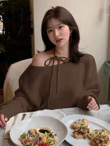 DAZY 秋冬百搭圆领挂脖系带设计宽松女士长袖毛衣 - 駝色 - 查看 3