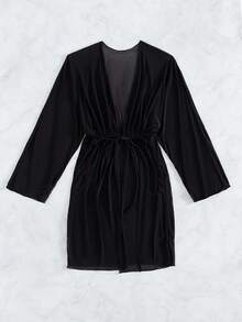 Swim Basics Tie Front Kimono,Summer Beach - Black - View 4