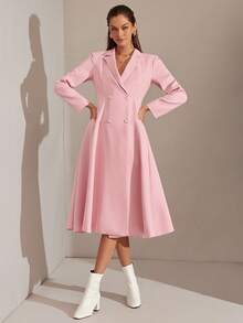 Enchnt Women's Elegant Soft Pink Winter Coat, Pink Lapel Minimalist Double Breasted Long Sleeve Coat,Autumn Elegant Work Chic&Elegant Everyday Wear - Pink - View 3