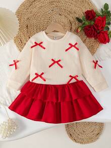 SHEIN Playful Pals 2pcs/Set Girls Knitted Crew Neck Long Sleeve Sweatshirt With Butterfly Decor & Mini Cake Skirt,Polyester,Machine Washable,Back To School,Christmas - Multicolor - View 4