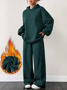 SHEIN EZwear 橄榄绿色连帽衫和运动裤两件套，加大码 - 墨綠色 - 查看 1