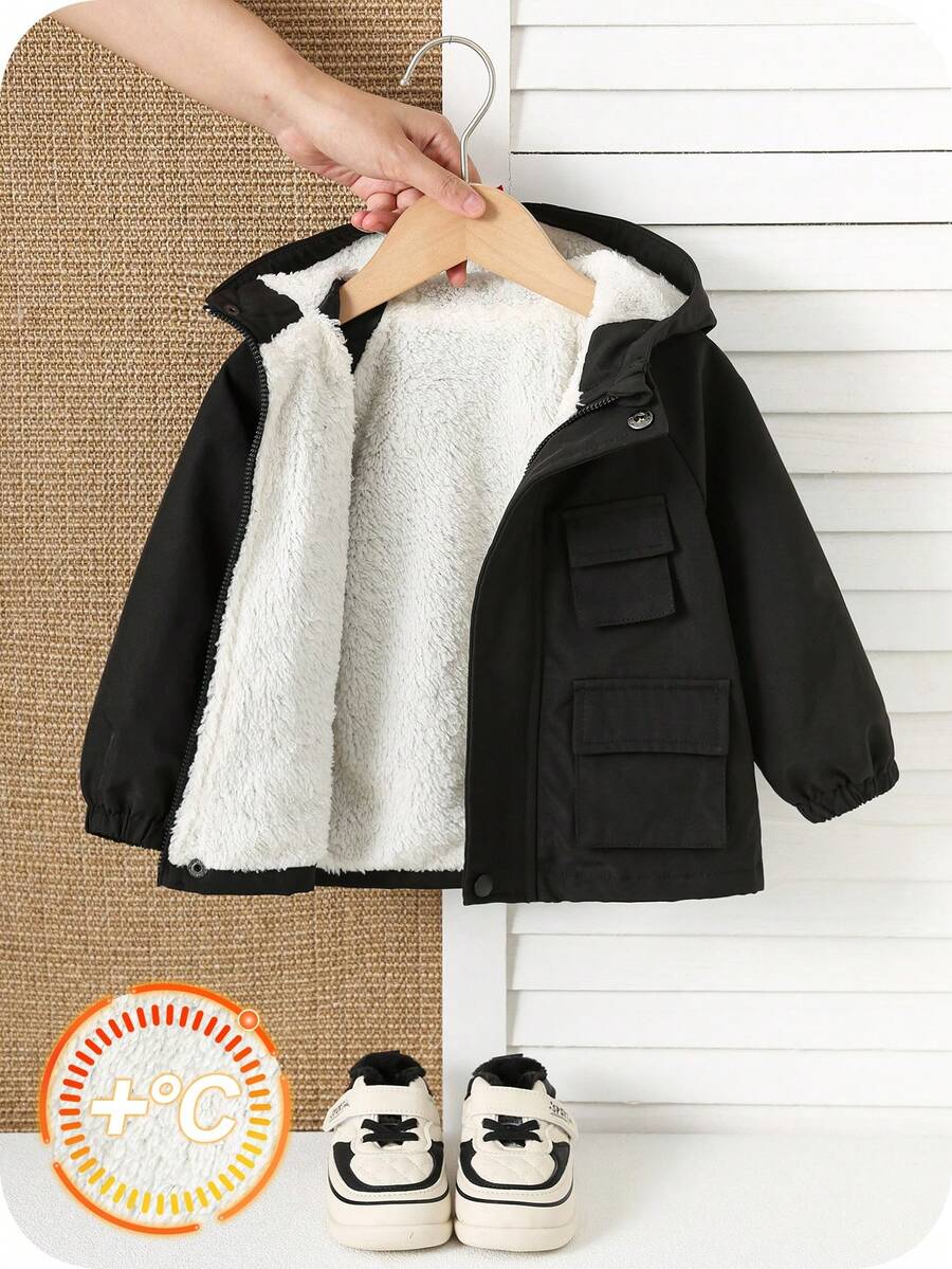 SHEIN 男婴/女婴羊毛加厚连帽棉衣，黑色长袖夹克，舒适百搭休闲工作服风格百搭冬季外套，适合室内、户外、滑雪、日常穿着、运动、玩耍、派对、摄影 - 黑色 - 查看 1