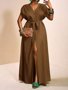 Veslaya 秋冬新品，女士秋冬服装，万圣节，复活节，西部风，海滩风，波西米亚风，节日，嘉年华，复古风，乡村音乐风，女士休闲装，大码开衩长裙，棕色长裙，卡其色连衣裙，棕色长裙，大地色系连衣裙 - 摩卡棕 - 查看 3