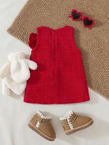 SHEIN Infant Girls' Princess Style Round Neck Sleeveless Dress With Front Bow & Invisible Back Zipper, Autumn/Winter - Red - View 2