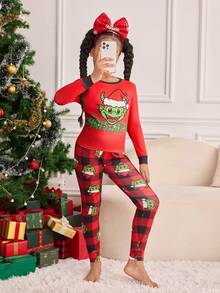 SHEIN CASUAL Tween Girls Christmas Cute Monster Print Pajama Set, Mommy And Me Matching Outfits (2 Sets Sold Separately), Skinny Fit - Red - View 6