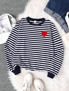 SHEIN Teen Girl Lightweight Knit Color Block Striped Heart Graphic Loose Casual Crew Neck Sweatshirt, Suitable For Holiday And Spring Festival Autumn Winter - Navy Blue - View 1