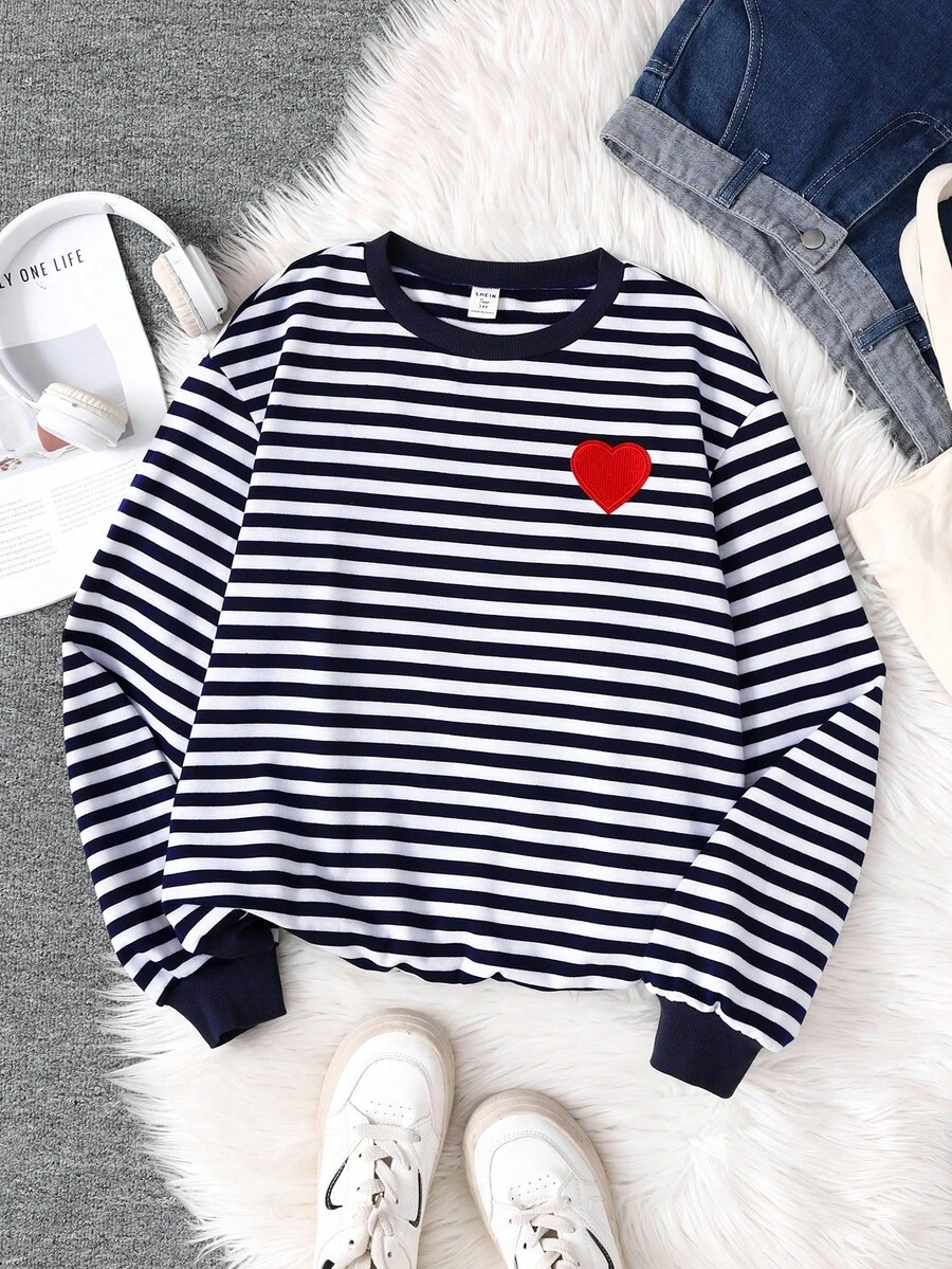 SHEIN Teen Girl Lightweight Knit Color Block Striped Heart Graphic Loose Casual Crew Neck Sweatshirt, Suitable For Holiday And Spring Festival Autumn Winter - Navy Blue - View 1