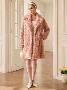 Revavyn Pink Faux Shearling Mid-Length Jacket, Crisp Collar, Soft Fluffy Texture, Suitable For Commuting, Dating, And Everyday Wear - Pink - View 6