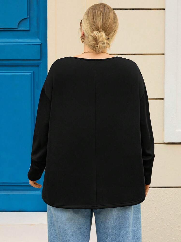 Plus Size Women's Black Round Neck Drop Shoulder Long Sleeve Casual Loose Versatile T-Shirt Long Tops Women  Cozy Fall And  Casual Blouses For Ladies,Spring/Summer/Vacation