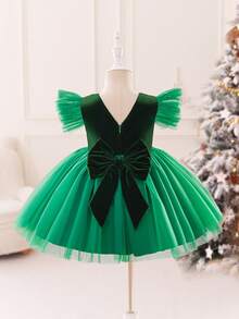 Glamorique Kids Vestido de princesa de terciopelo con lazo en la espalda en V, con volantes de tul para bebé e infante niña, adecuado para fiesta de Navidad, cena, cumpleaños - Verde - Ver 7