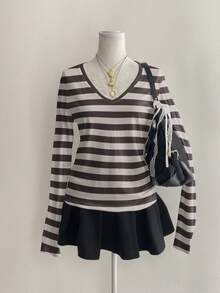 Attitoon Women's Casual Striped V-Neck Long Sleeve T-Shirt, Spring/Autumn