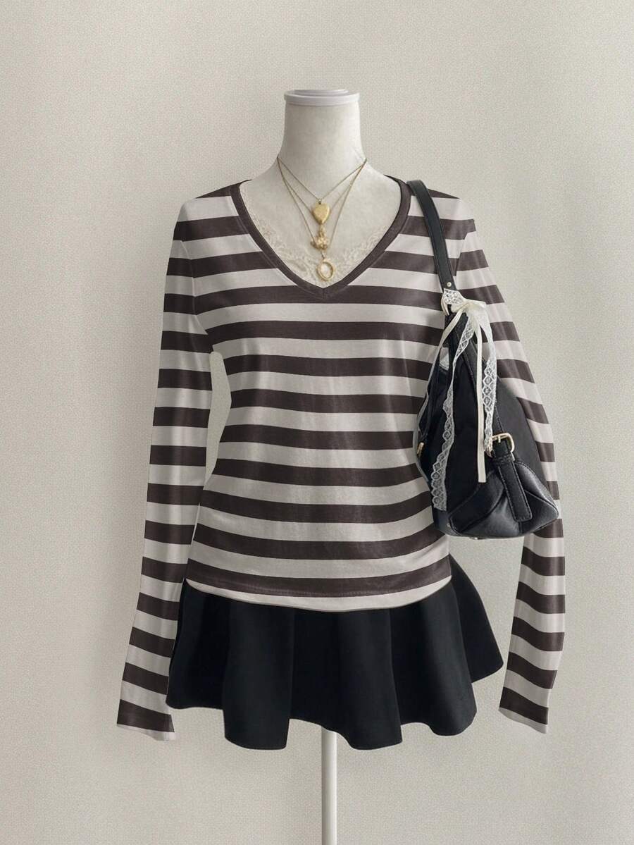 Attitoon Women's Casual Striped V-Neck Long Sleeve T-Shirt, Spring/Autumn