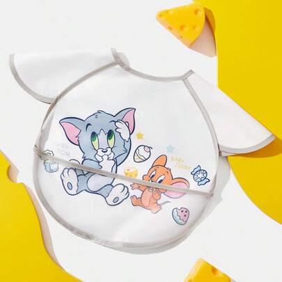 TOM & JERRY X SHEIN 0-2岁婴儿防水防油围兜，TPU材质可爱猫和老鼠卡通图案，白色，适合男孩和女孩，喂食理想之选，超柔软，轻便可折叠，便携