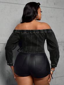 SHEIN SXY Plus Size Solid Color Off Shoulder Zipper Fitted Long Sleeve Denim Top - Black - View 2