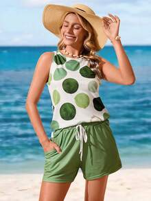 Sylviya Bộ 2 áo thun cổ tròn không tay chấm bi màu tương phản dành cho nữ và áo phông tay ngắn, phù hợp cho mùa hè - Nhiều màu - Xem 4