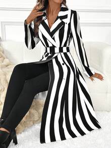 EMERY ROSE 条纹印花束带优雅长袖连衣裙 - 黑與白 - 查看 6