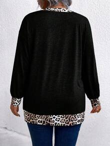 Áo thun cổ chữ V tay dài in họa tiết da báo cỡ lớn, dáng rộng, dáng rộng, in hình báo đốm, dành cho nữ mùa xuân - màu đen - Xem 2