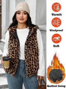 EMERY ROSE Veste sans manches rembourrée, zippée, à capuche, en fausse fourrure avec imprimé léopard, style classique, élégante et décontractée, pour femmes grandes tailles - Tabac - Voir 7