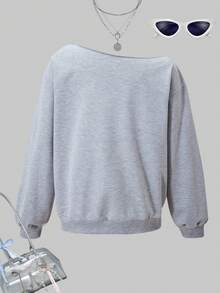 Sparklyn Teen Girl Casual Fashion Street Asymmetric Shoulder Number 33 Print Long Sleeve Sweatshirt, Autumn/Winter Fall - Grey - View 2