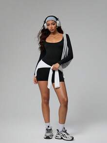 Dewbera 女式纯色交叉后背长袖休闲运动连体裤 - 黑色 - 查看 6