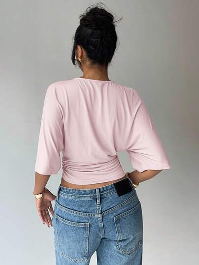 Aloruh Pink Top Solid Color Pleated Round Neck Cropped Elegant Short Sleeve T-Shirt, Summer Fashion Clothing Street Chic Fashion Clothing Street Chic