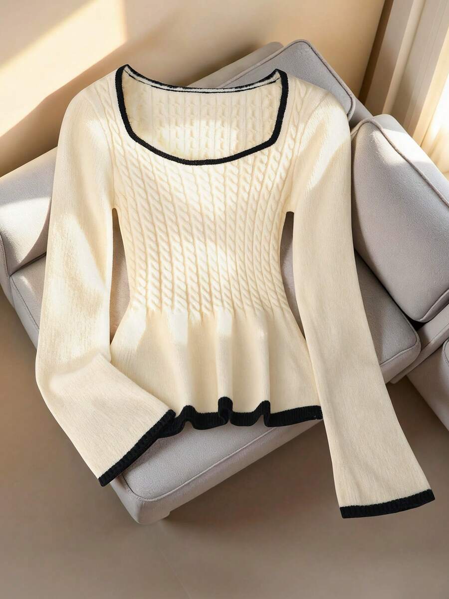 SHEIN Franclia 法式优雅杏色方领弹力修身扭结纹理荷叶边下摆长袖喇叭袖毛衣,适合秋季和返校季穿着,撞色饰边杏色米色与黑色饰边相得益彰,可爱针织上衣 - 米色 - 查看 1