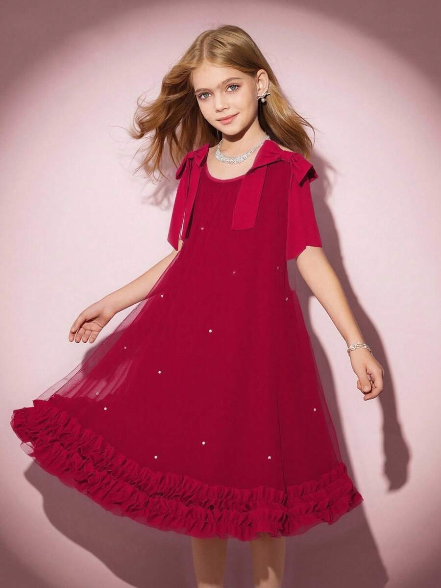 Vestido de Tule com Babados Florais e Decoração de Pérolas, Elegante para Meninas - Vinho - Visão 1