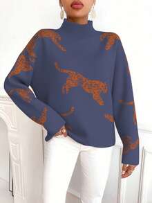 SHEIN Clasi Women Animal Pattern Turtleneck Long Sleeve Sweater - Blue - View 3