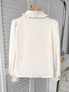 SHEIN 少女宽松休闲优雅荷叶边泡泡袖纽扣衬衫，长袖上衣，舒适日常休闲校园优雅衬衫 - 米色 - 查看 7